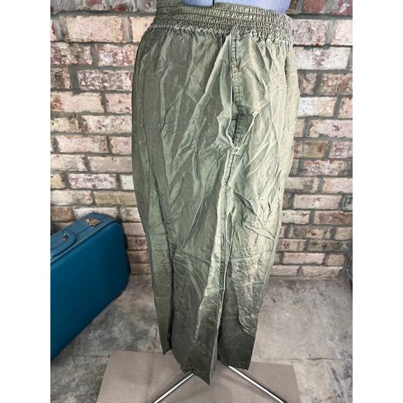 pants 100% silk drab green elastic waist 1980s - Picture 7 of 10